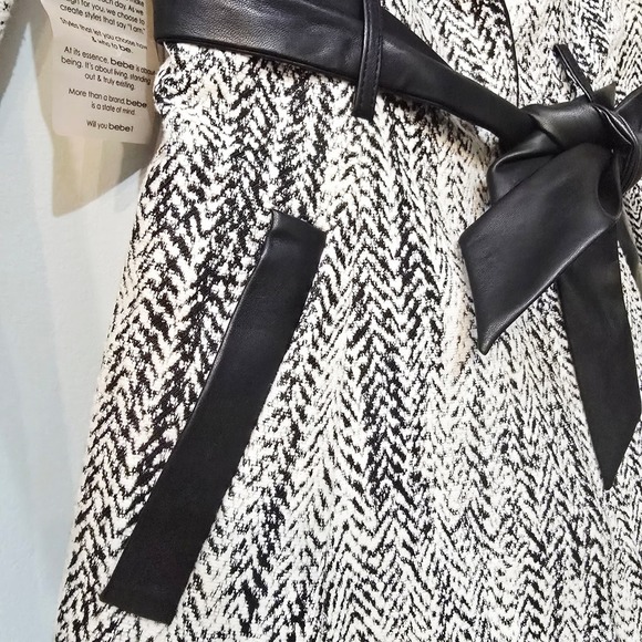 bebe B&W Herringbone Wrap Coat | Size Small |faux Leather Trim Belted Coat | NWT - Picture 6 of 13